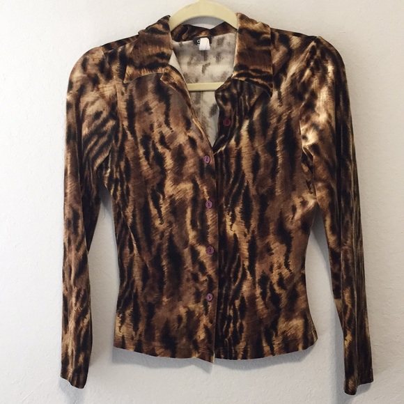90s Vintage Tiger Print Velour Button Down Shirt